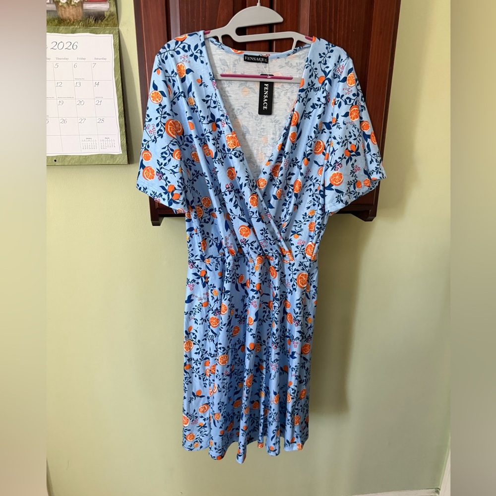 Floral Wrap Midi Dress in Blue and Orange